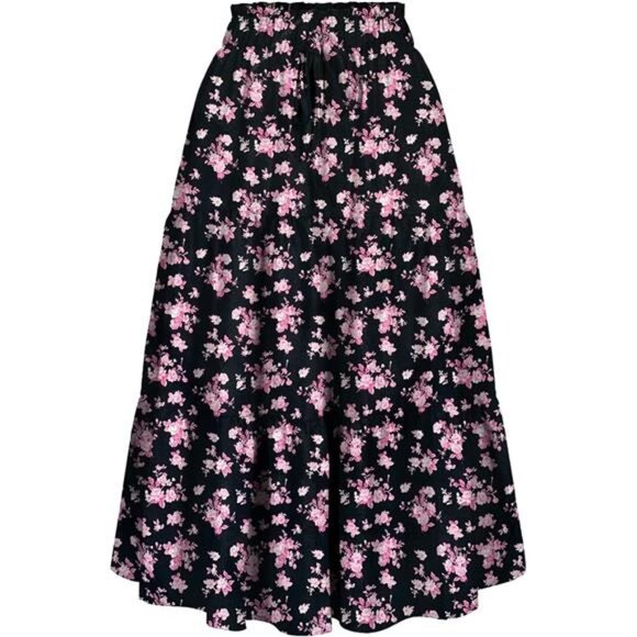 Women's High Elastic Waist Midi Skirt Floral Black Pink - Picture 1 of 5